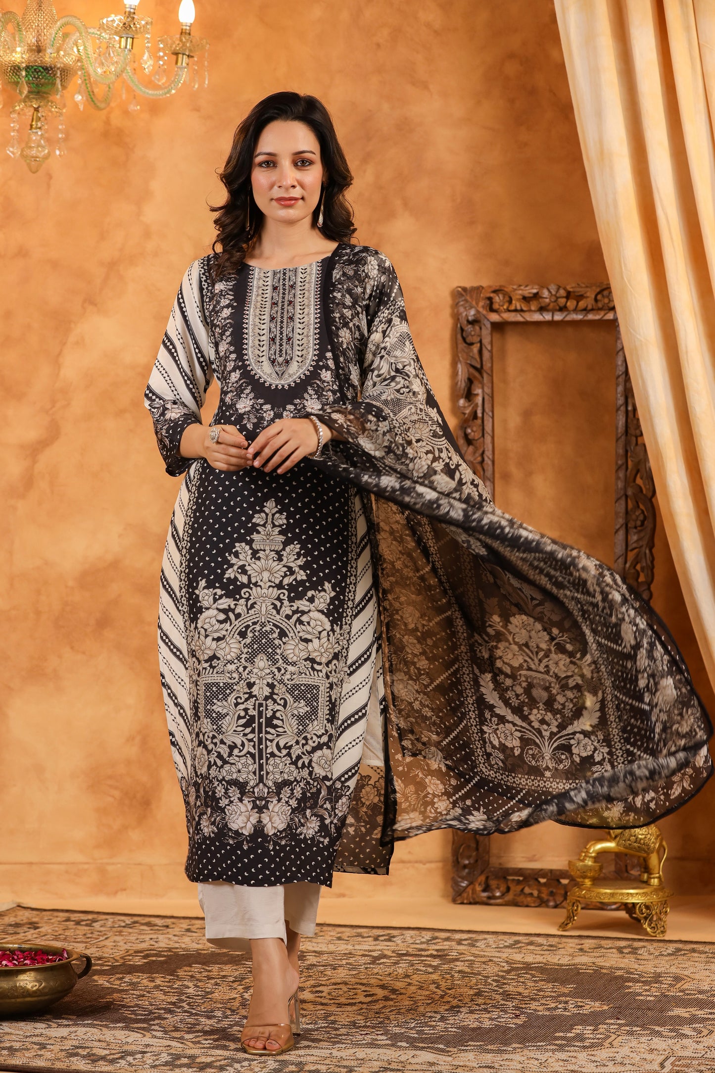 Black Mughal Muslin Suit Set