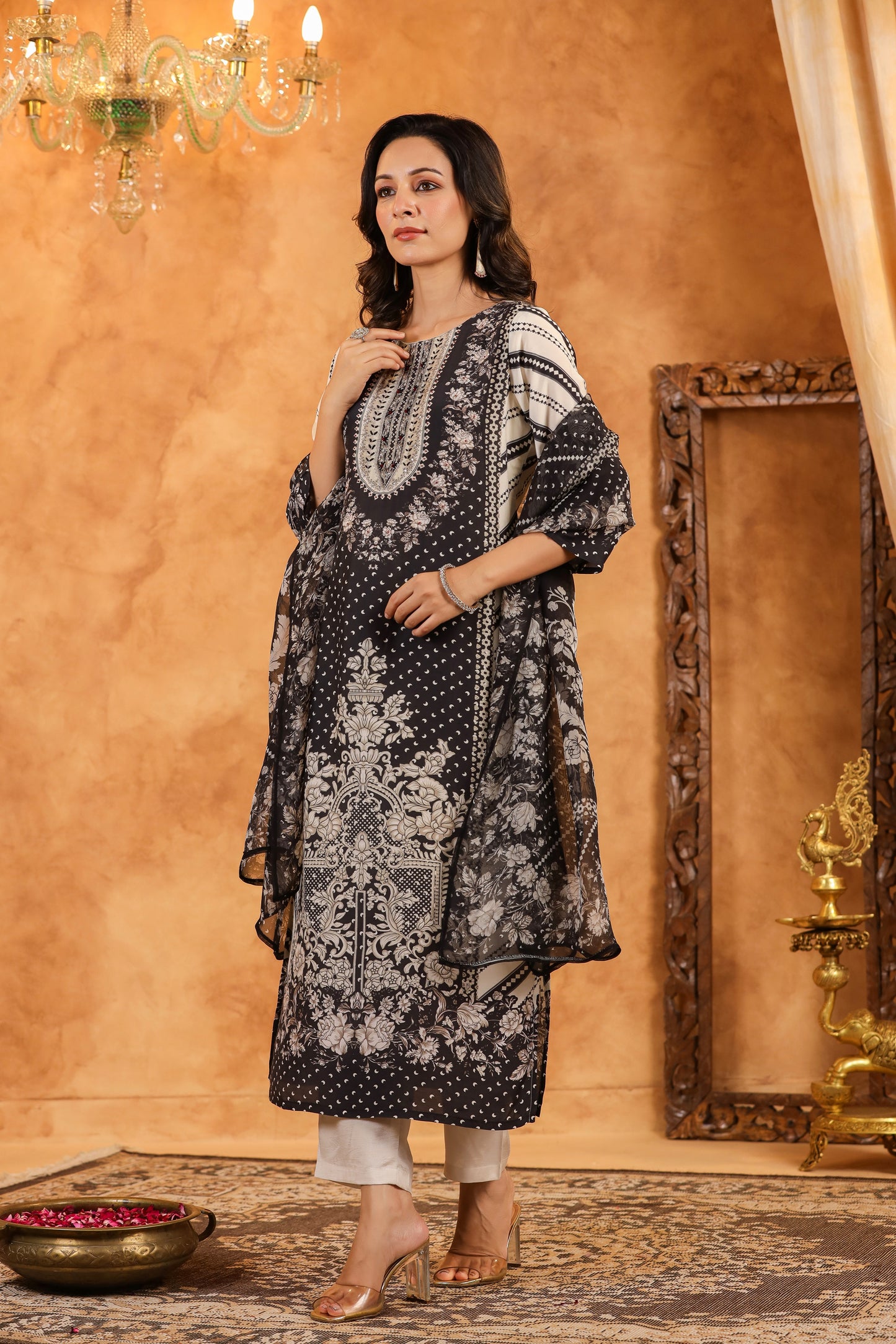 Black Mughal Muslin Suit Set