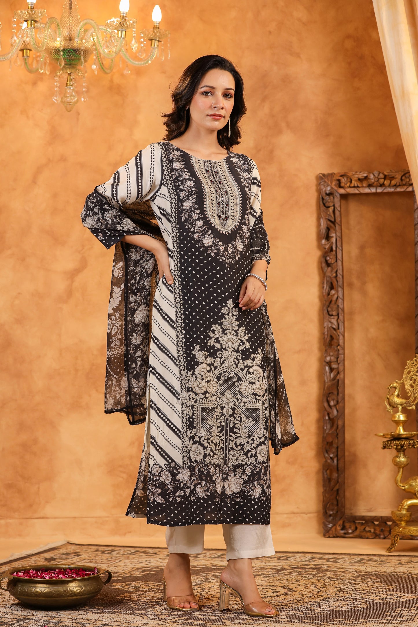 Black Mughal Muslin Suit Set