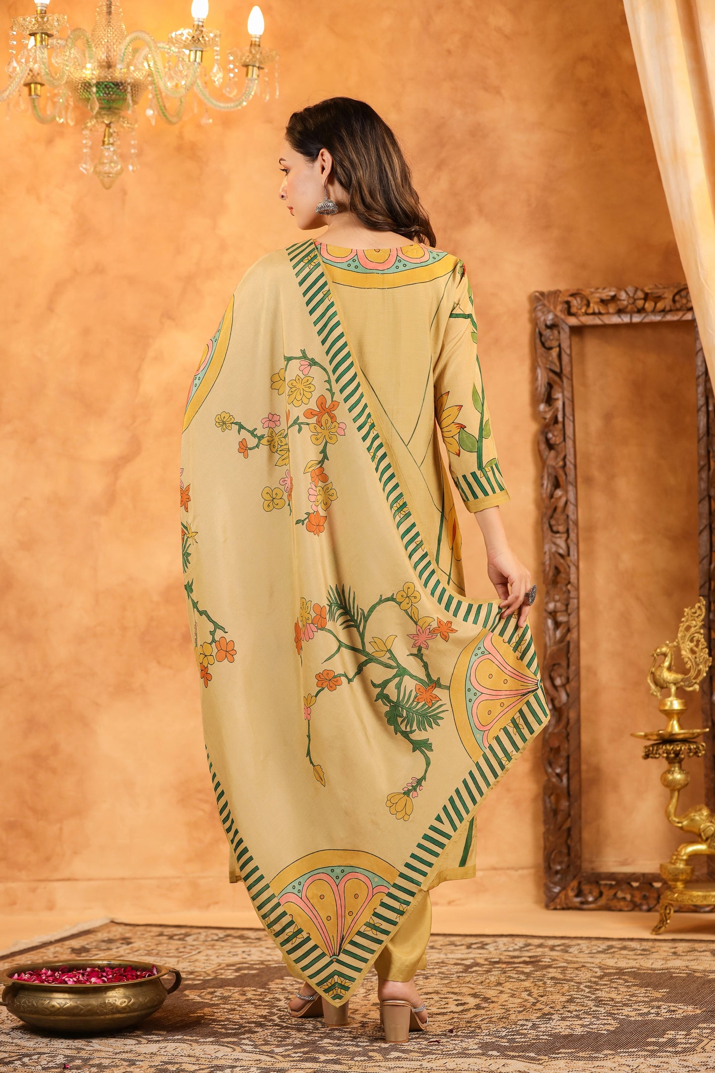 Beige Floral Muslin Suit Set