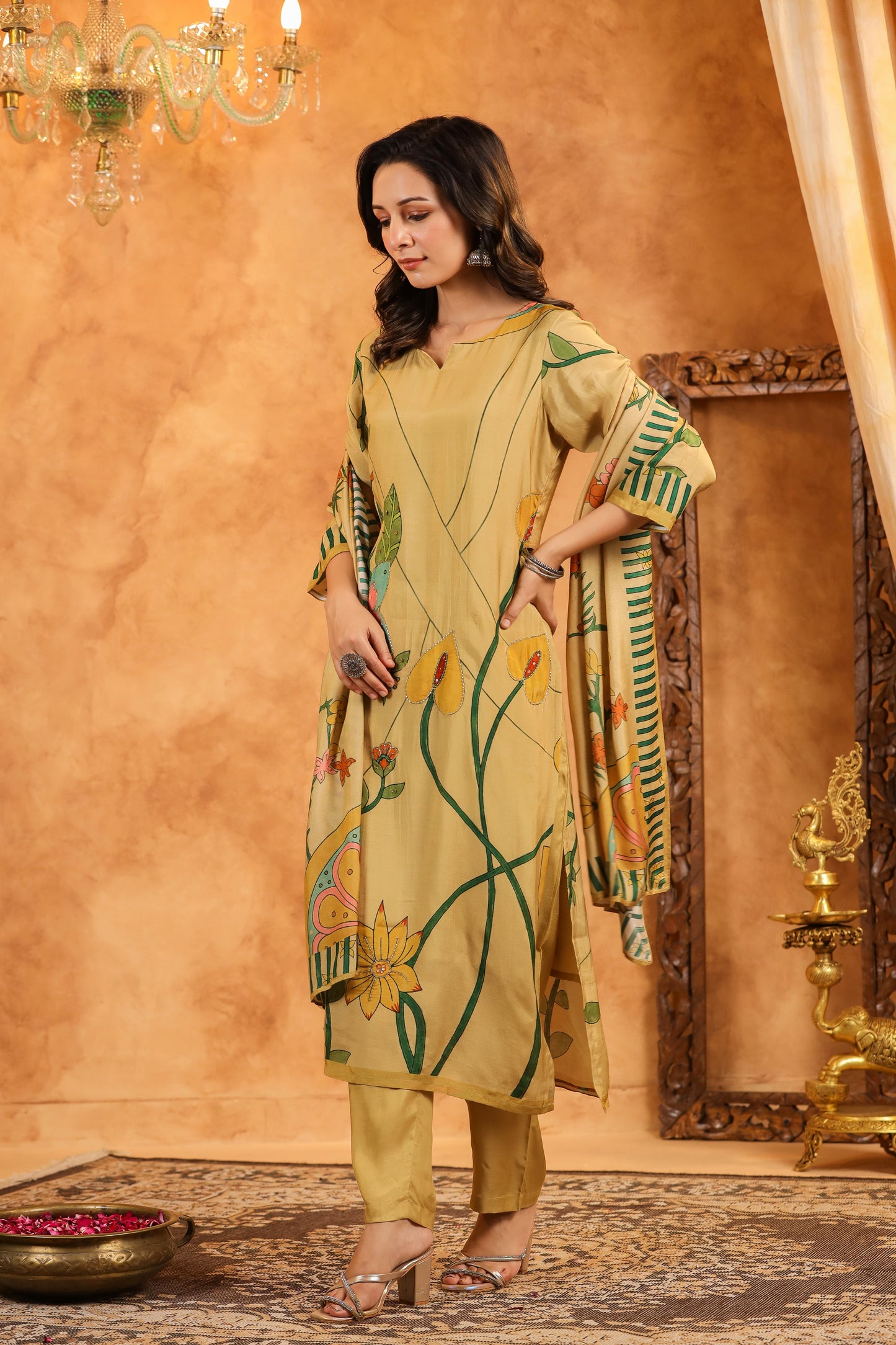 Beige Floral Muslin Suit Set