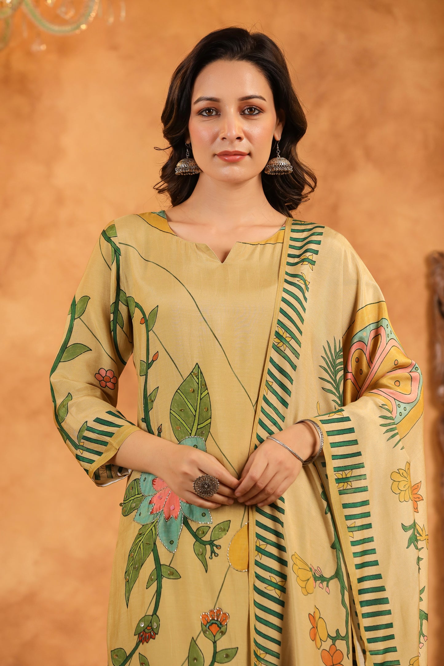 Beige Floral Muslin Suit Set