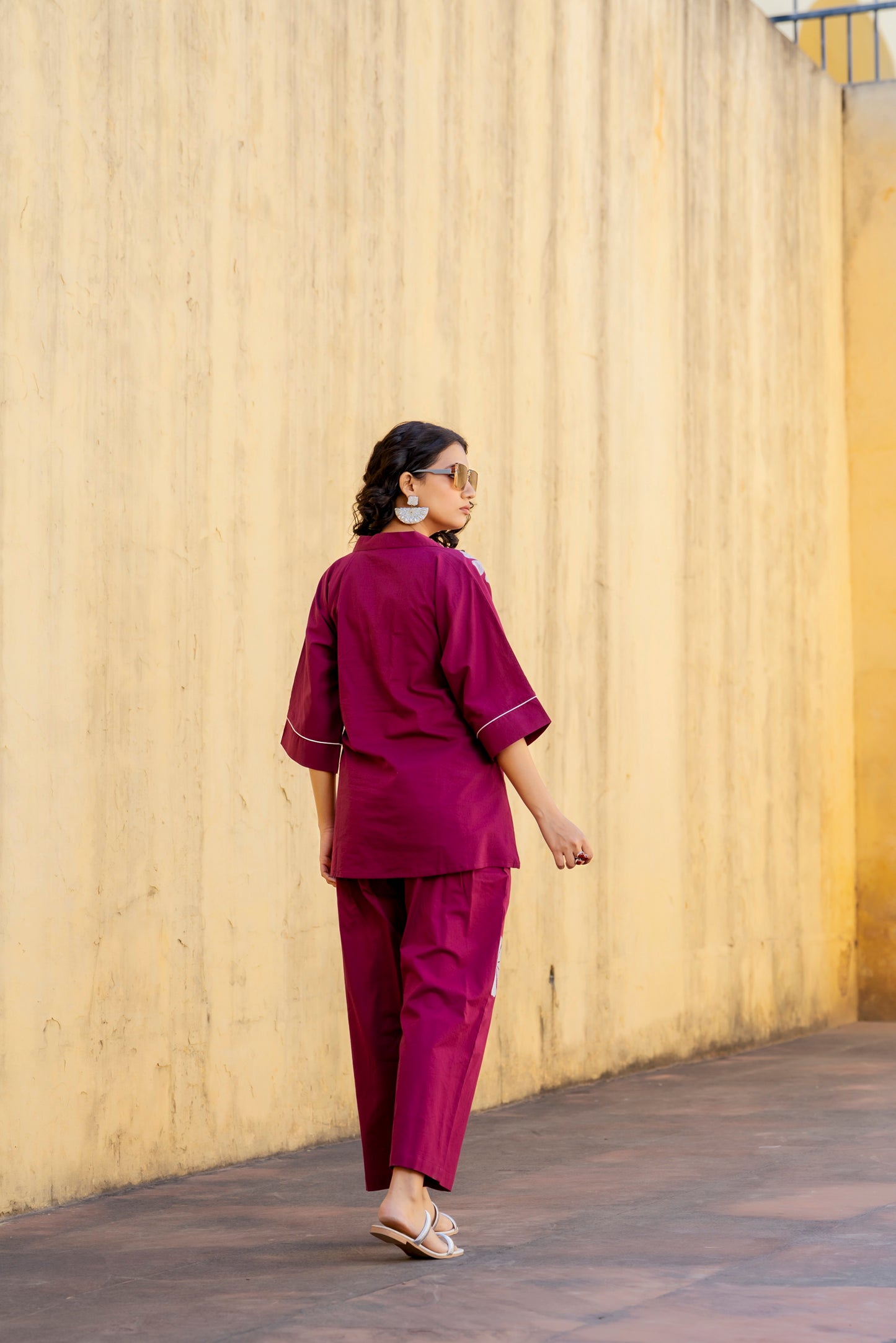 Wine Pure Cotton Embroidered Co-ord Set