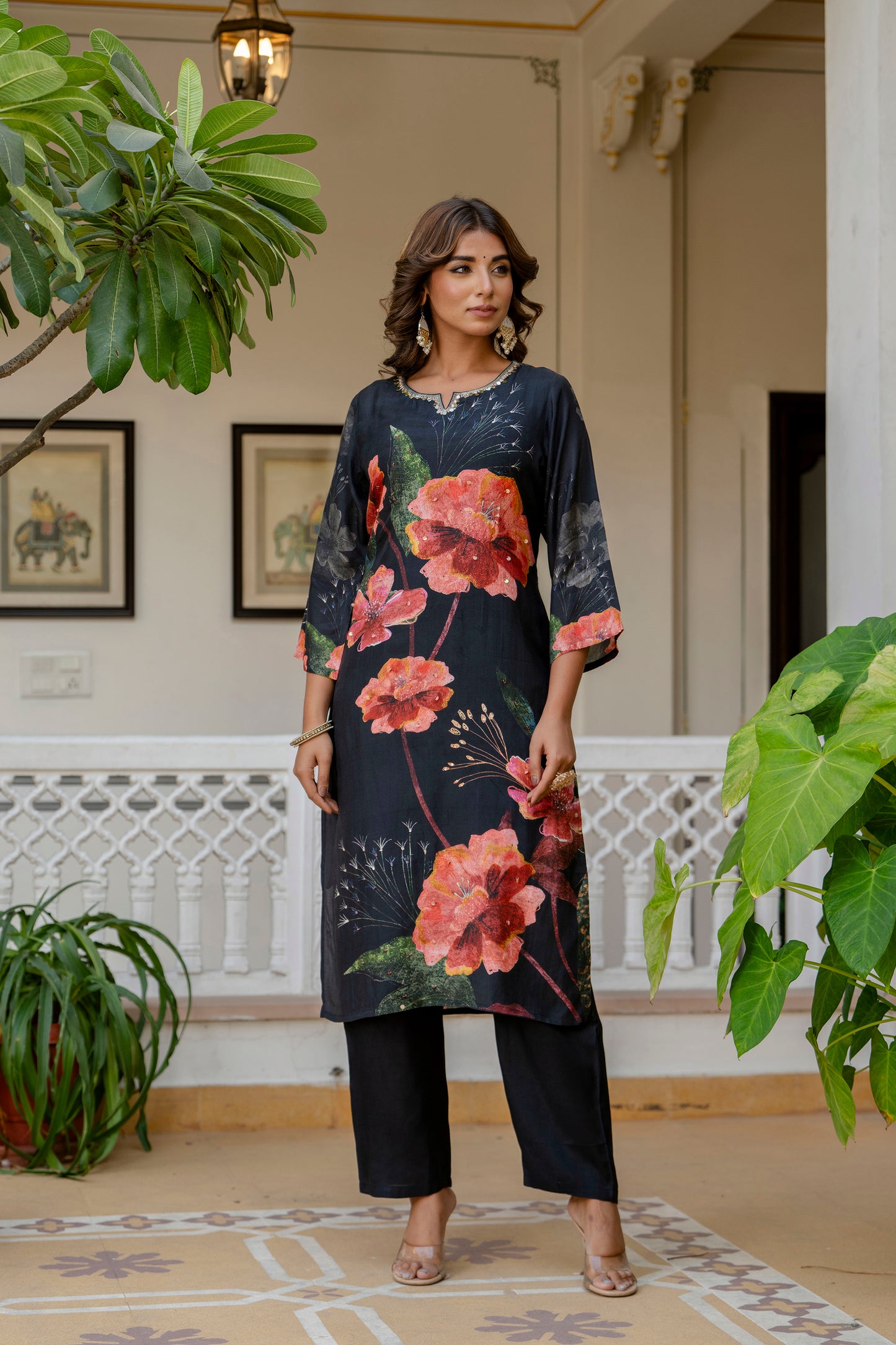 Black Floral Muslin Suit Set