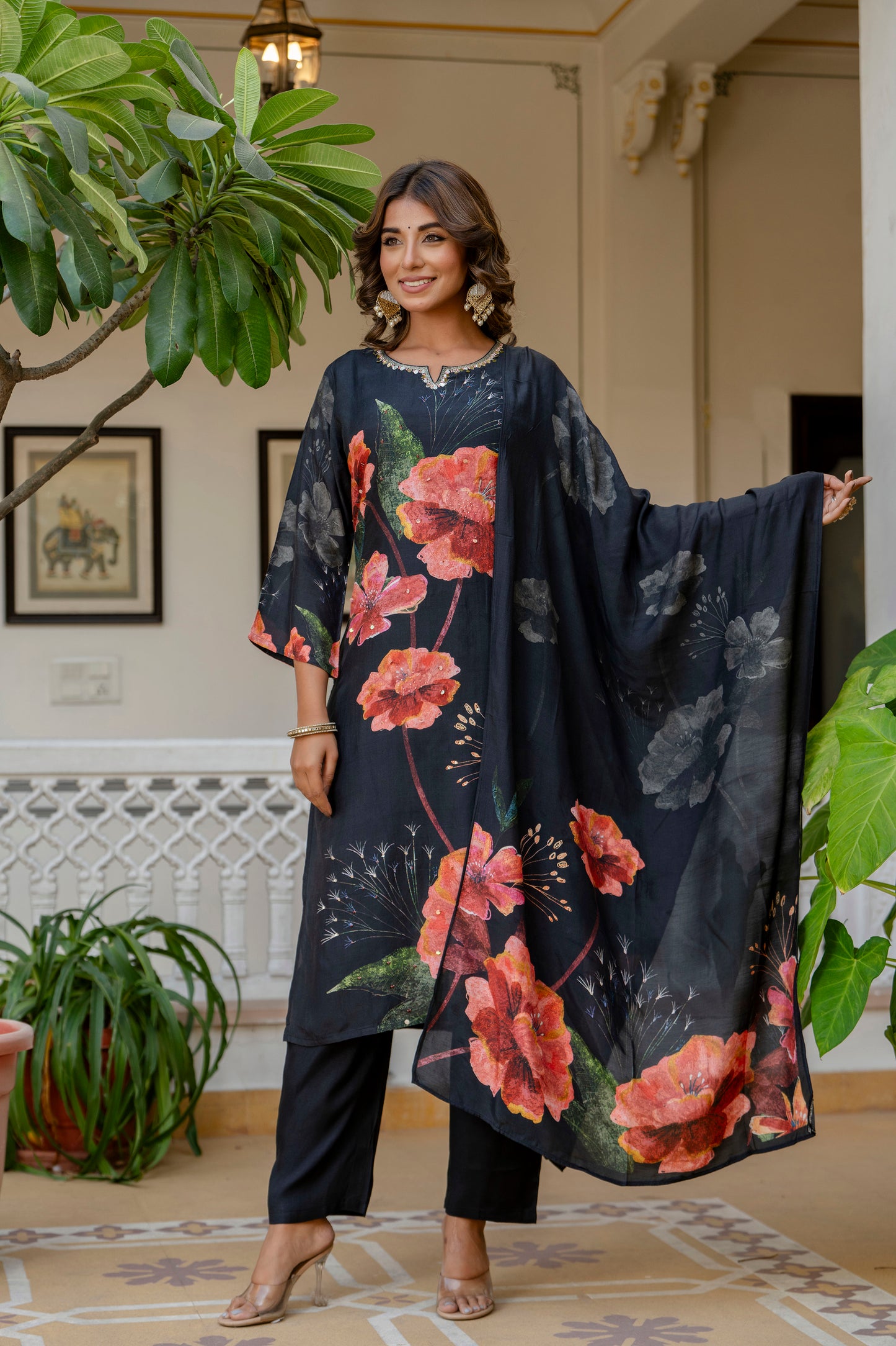 Black Floral Muslin Suit Set