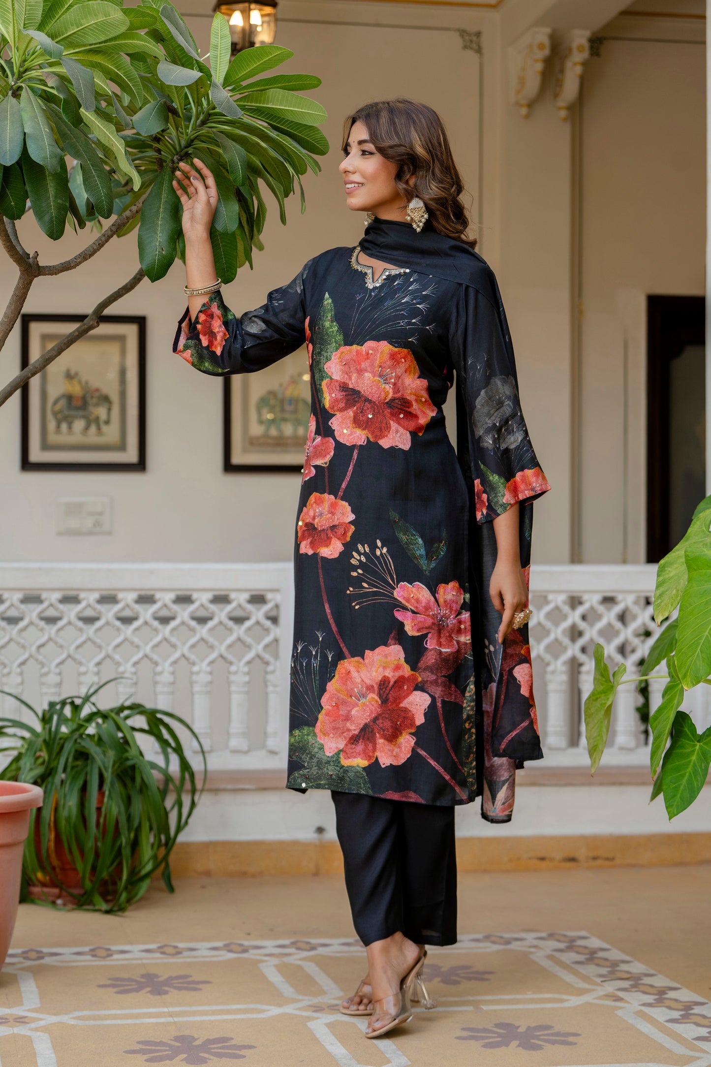 Black Floral Muslin Suit Set