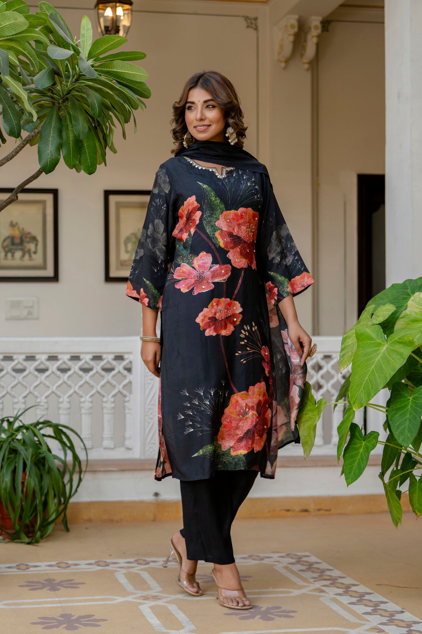 Black Floral Muslin Suit Set