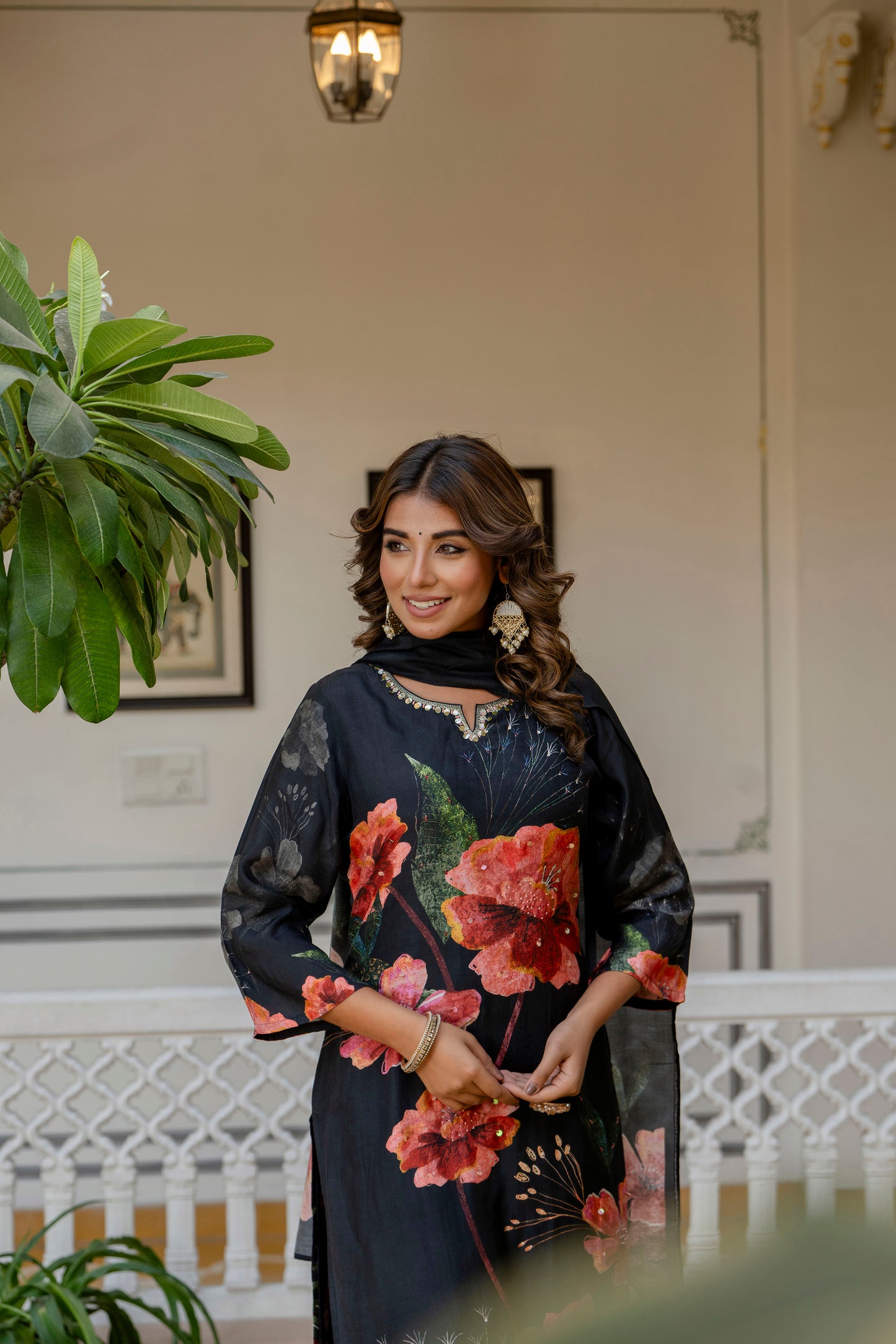 Black Floral Muslin Suit Set