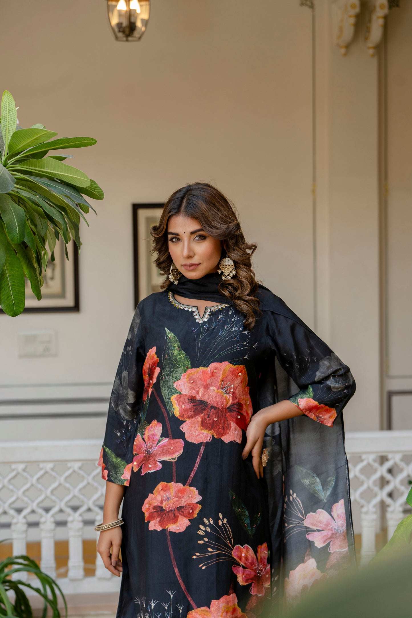 Black Floral Muslin Suit Set
