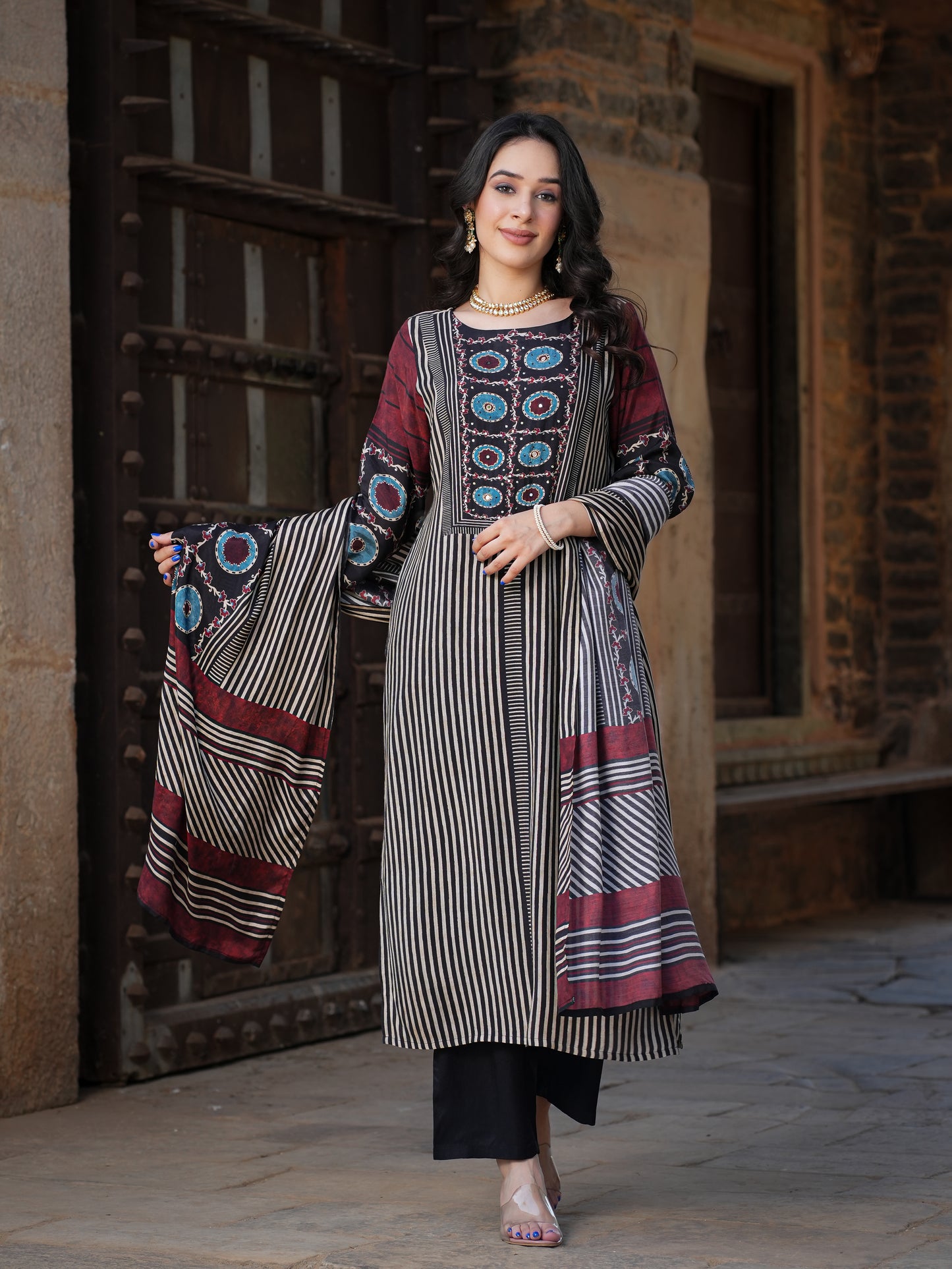 Black Ajrakh muslin Suit Set