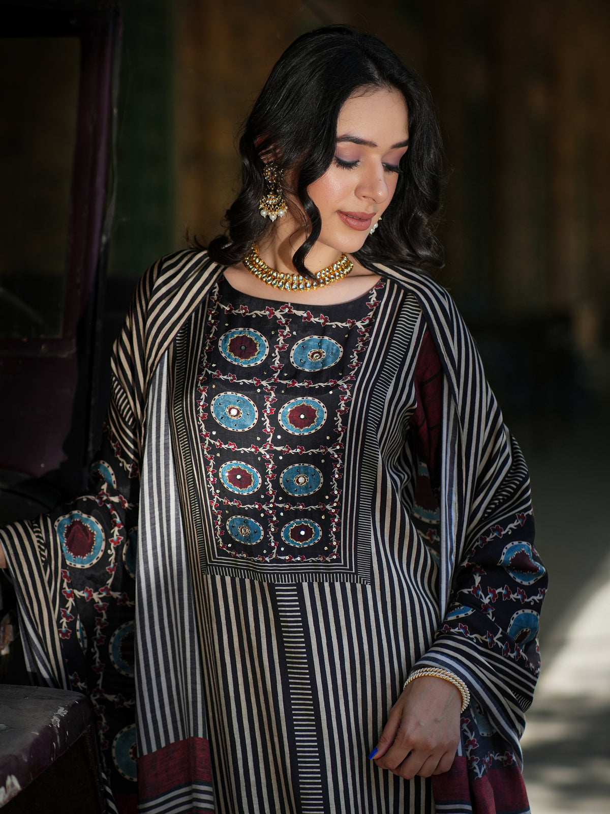 Black Ajrakh Muslin Suit Set