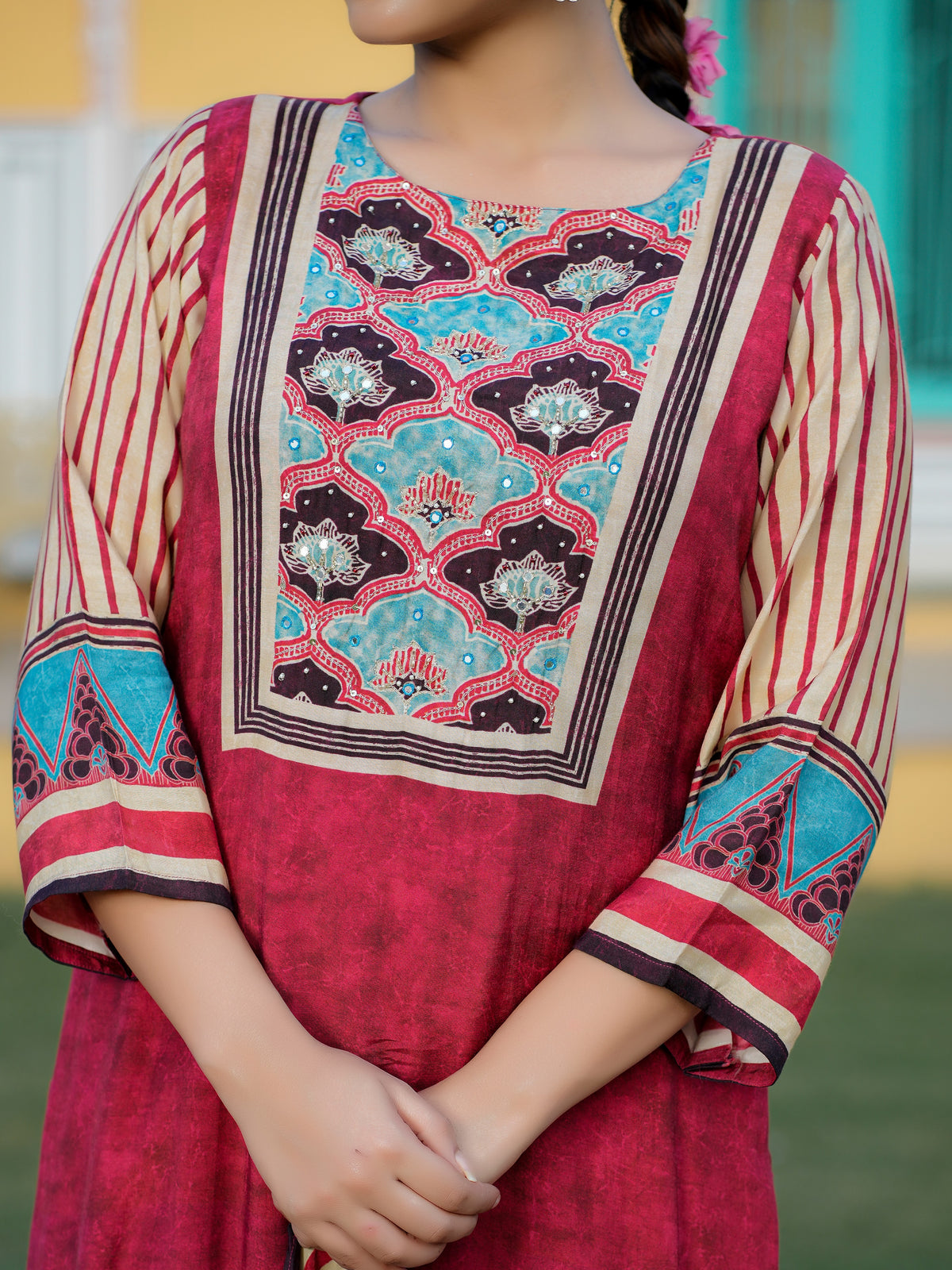 Maroon Ajrakh Pure Muslin Suit Set
