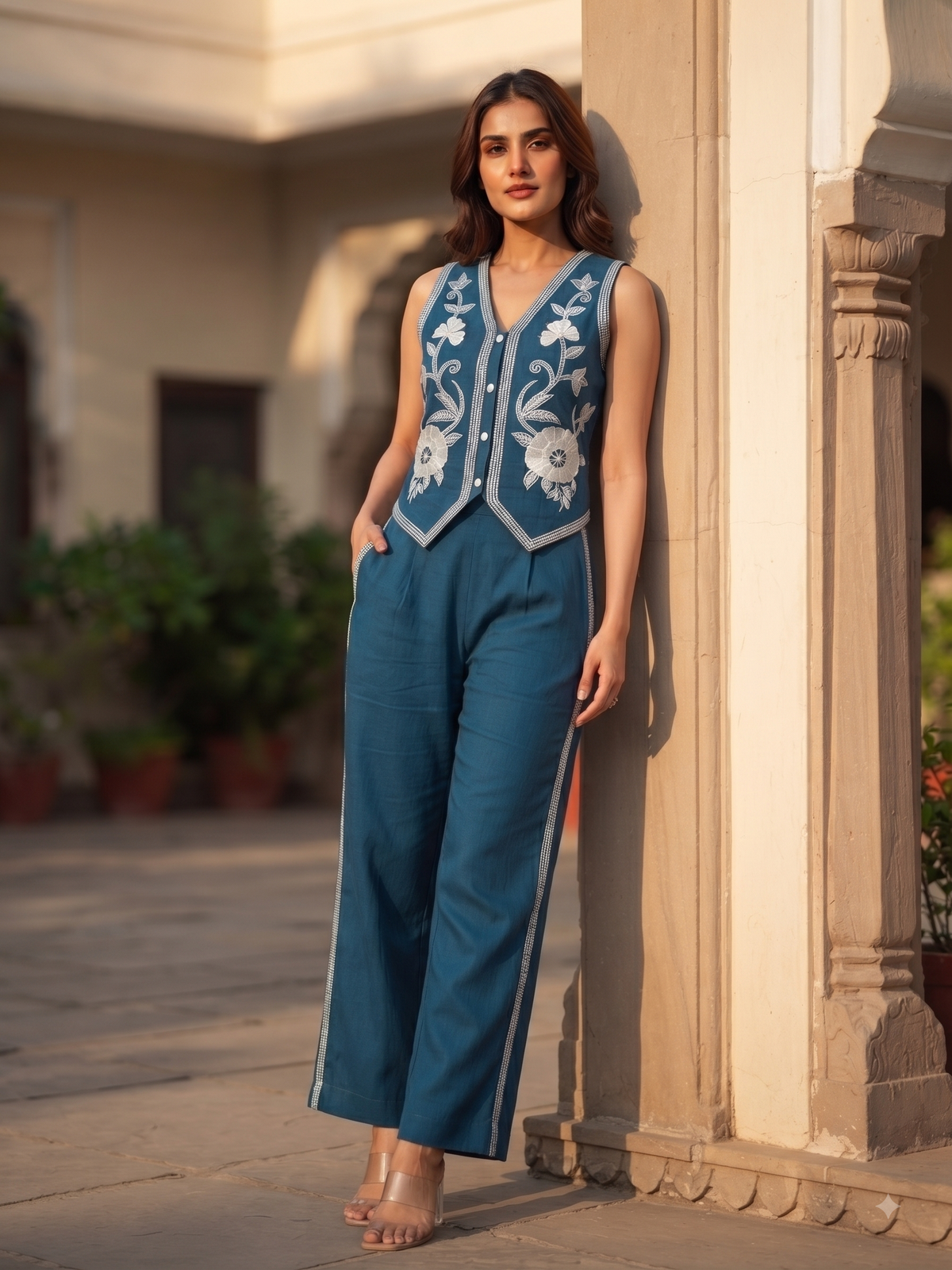 Ivy Teal Embrodiered Vest Set