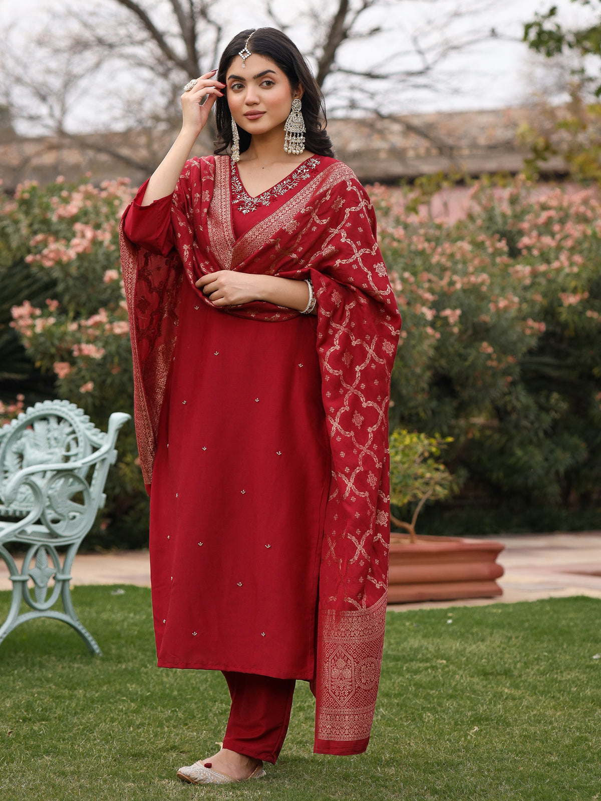 Maroon Muslin Embroidered Suit Set