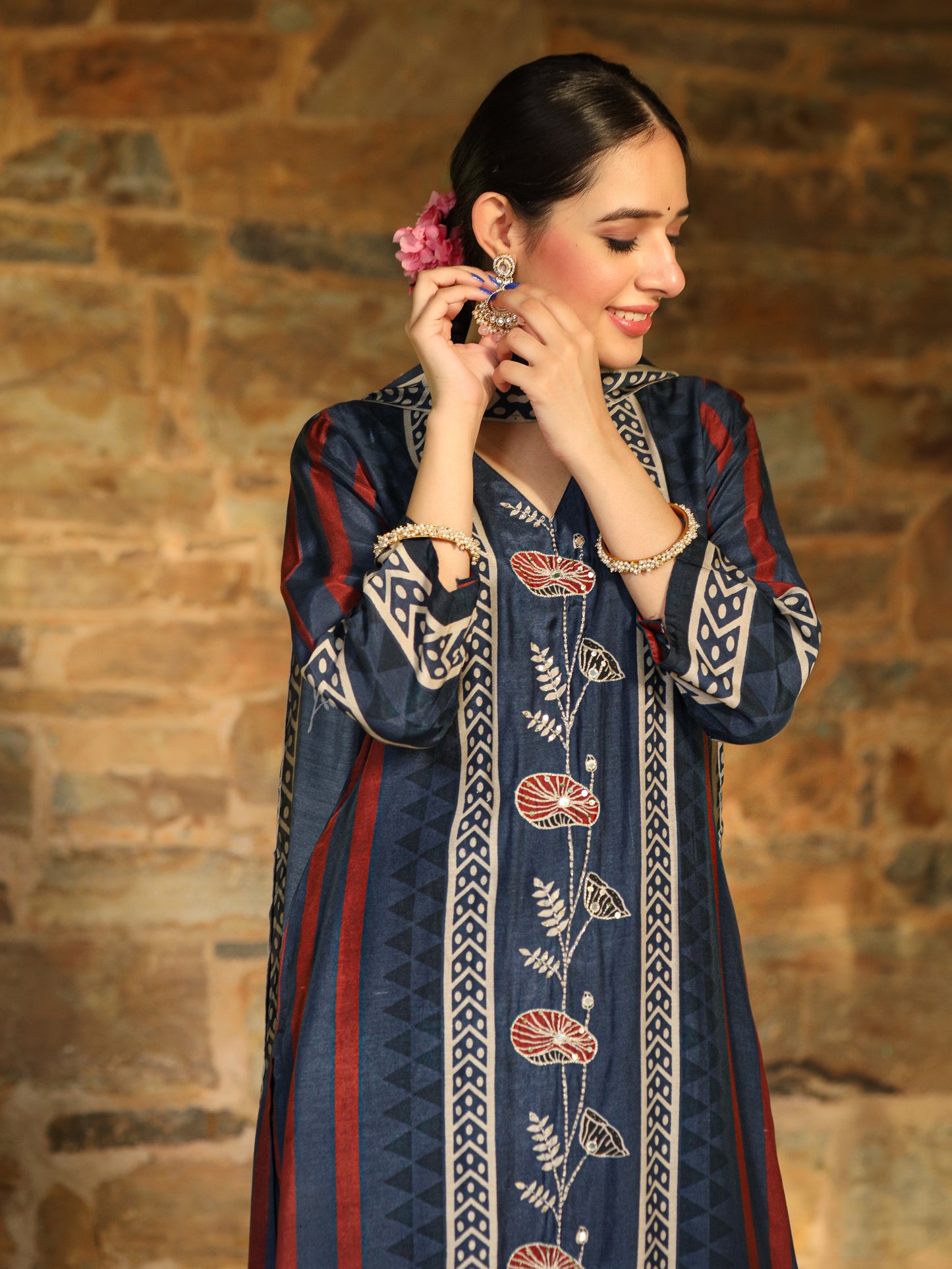 Blue Ajrakh Muslin Suit Set