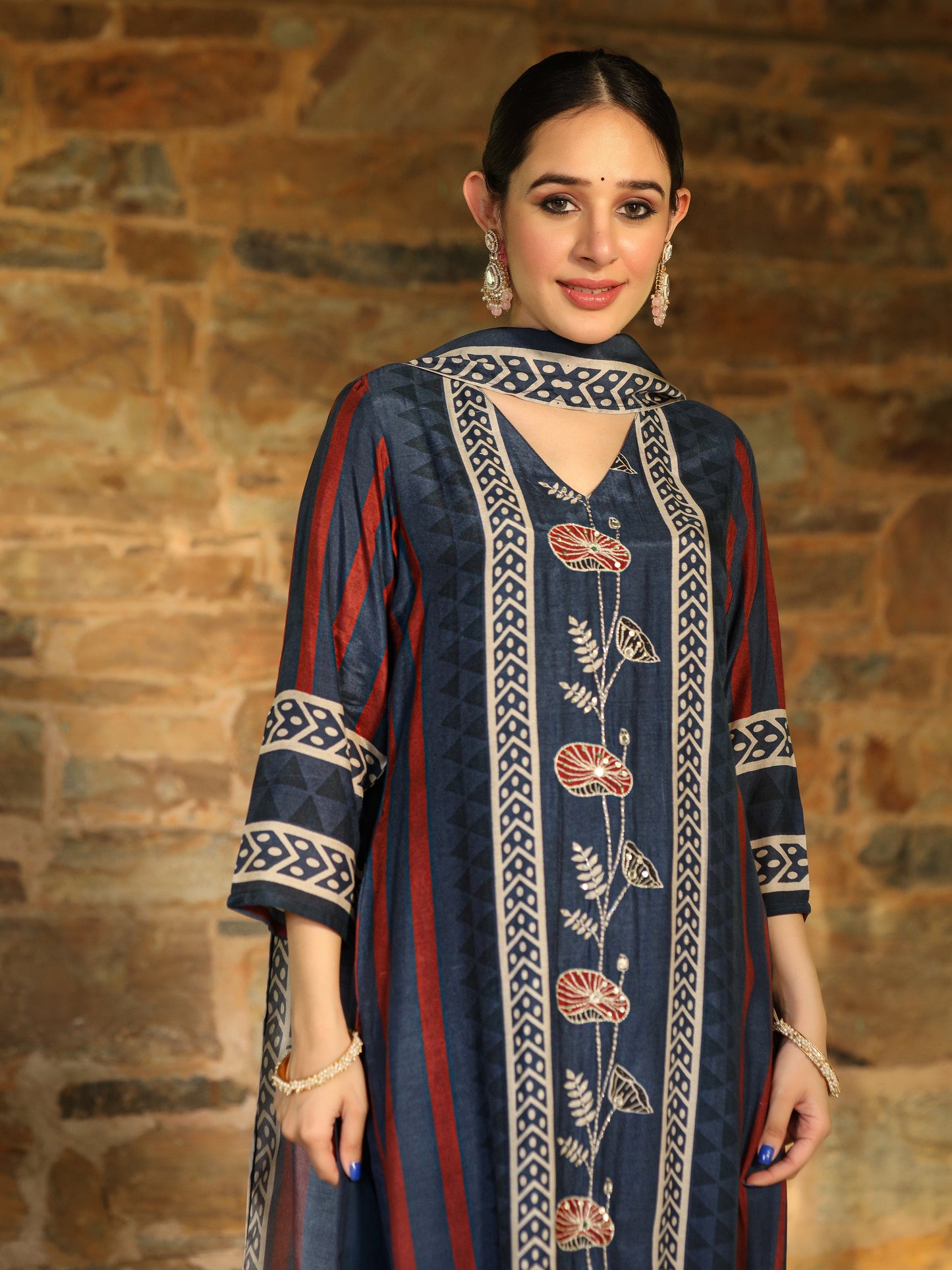 Blue Ajrakh Muslin Suit Set