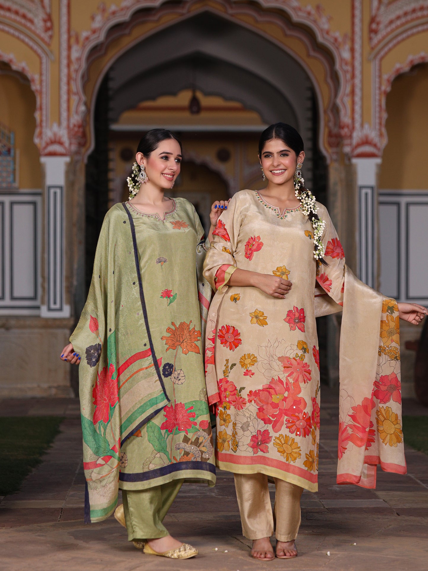Cream Floral Shimmer Suit Set