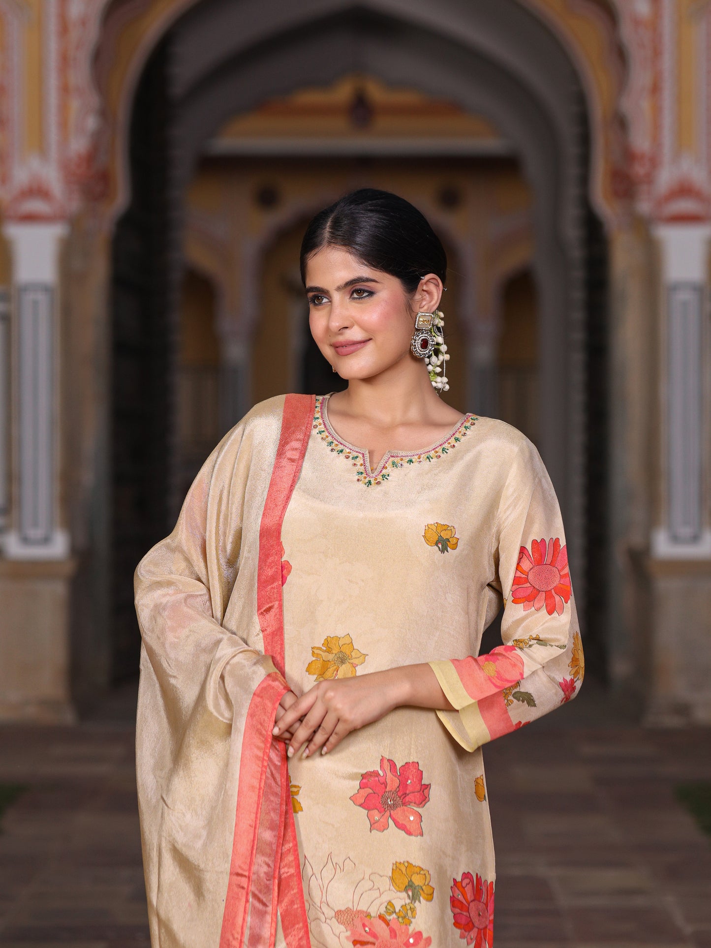Cream Floral Shimmer Suit Set