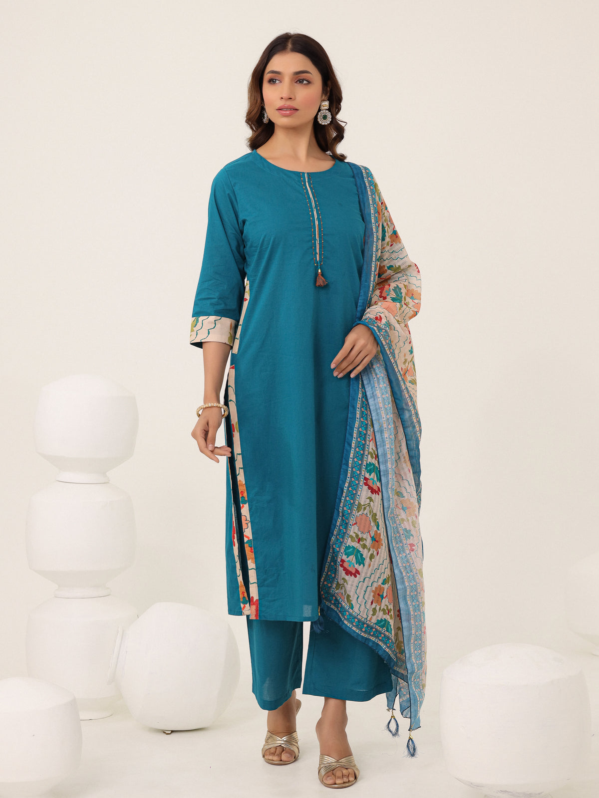 Blue Cotton Printed Dupatta Kurta Set