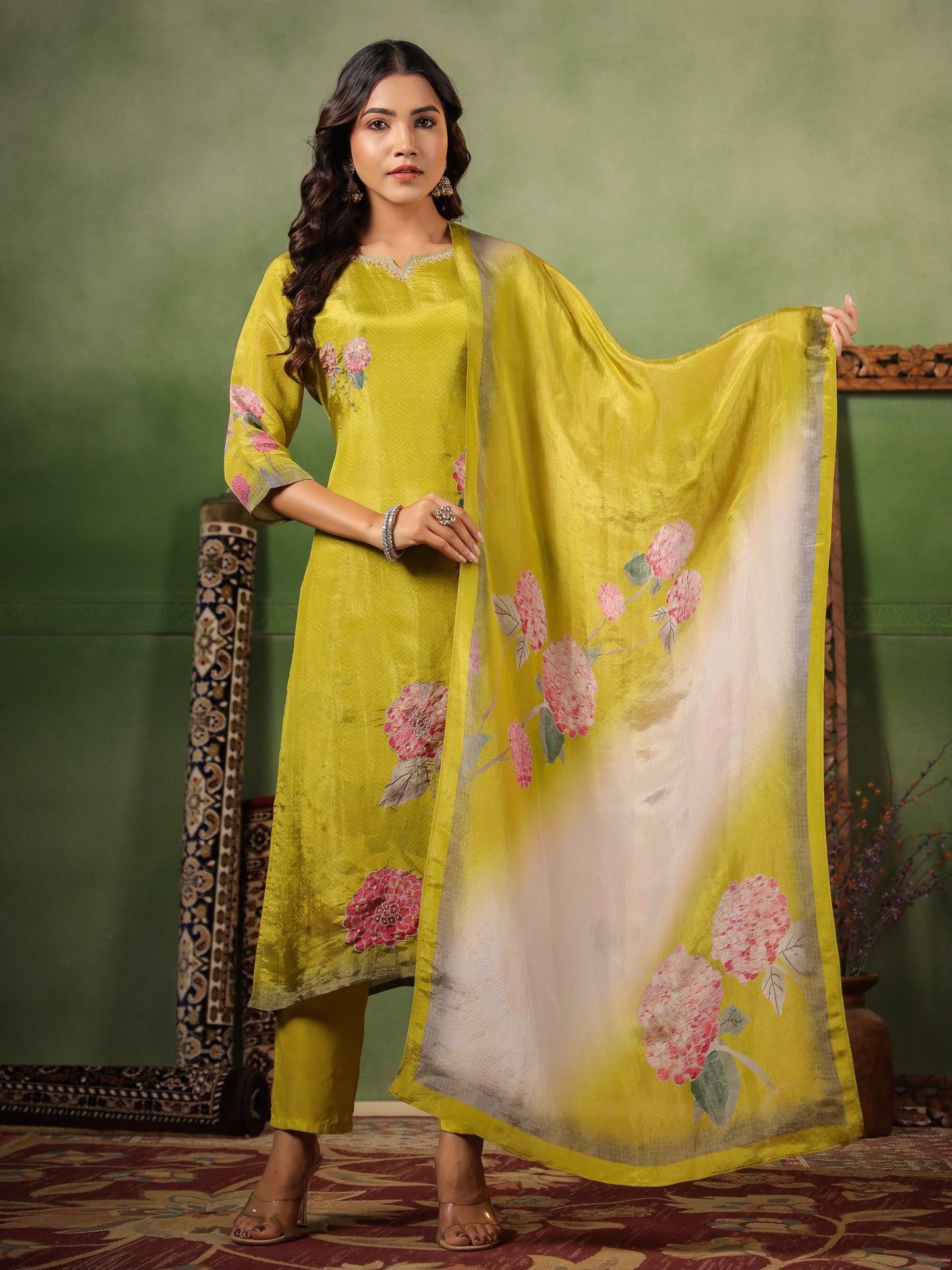 Green Shimmer Floral Suit Set