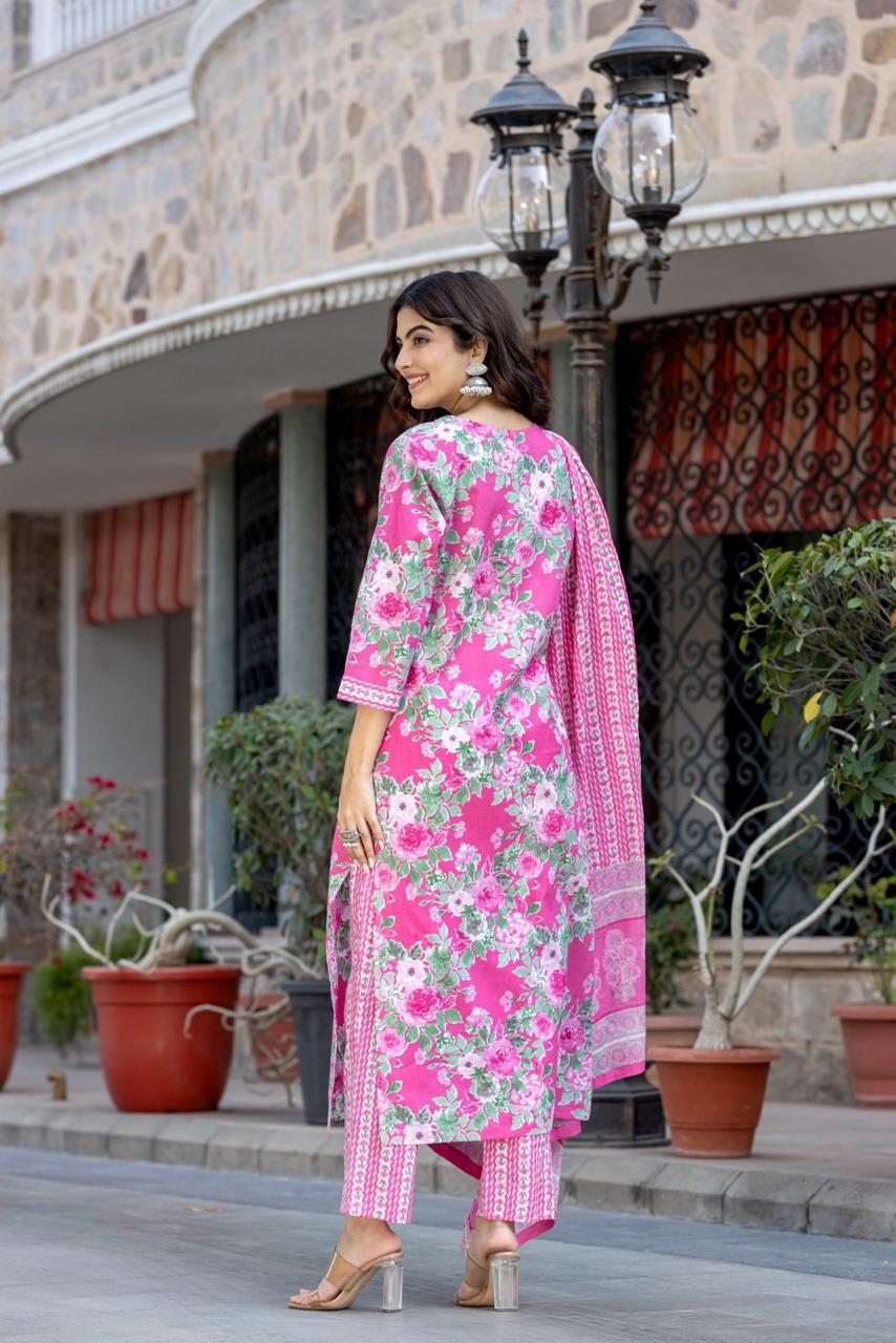 Rose Pink Floral Cotton Suit Set