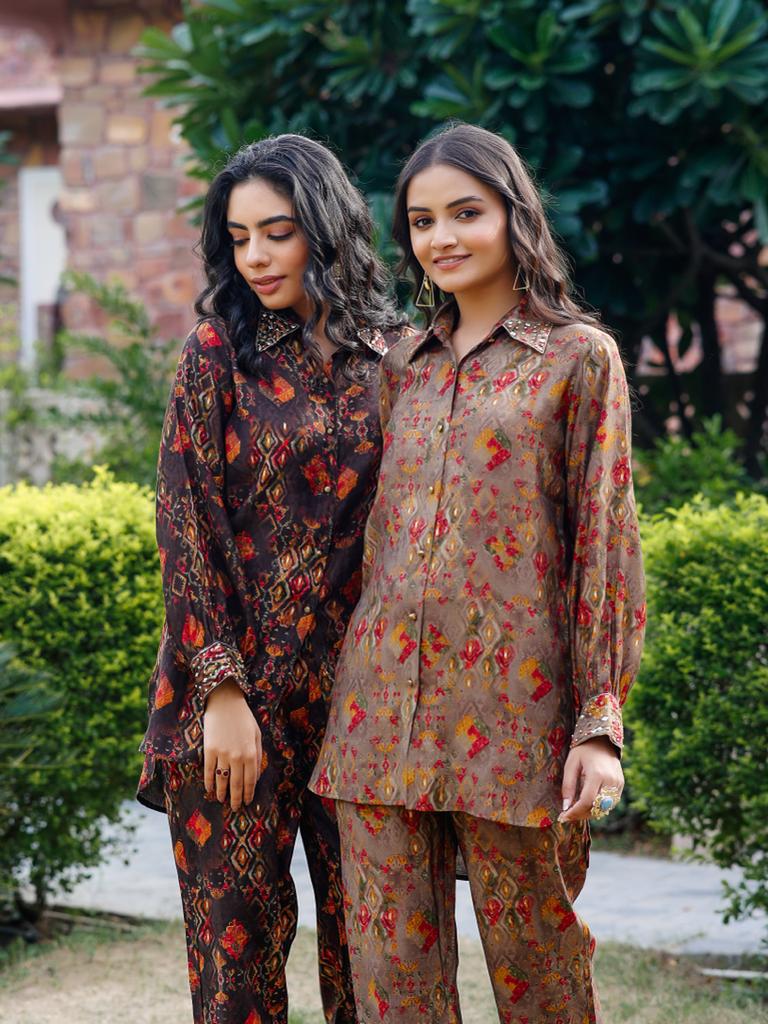 Brown Button-down Abstract Co-ord set