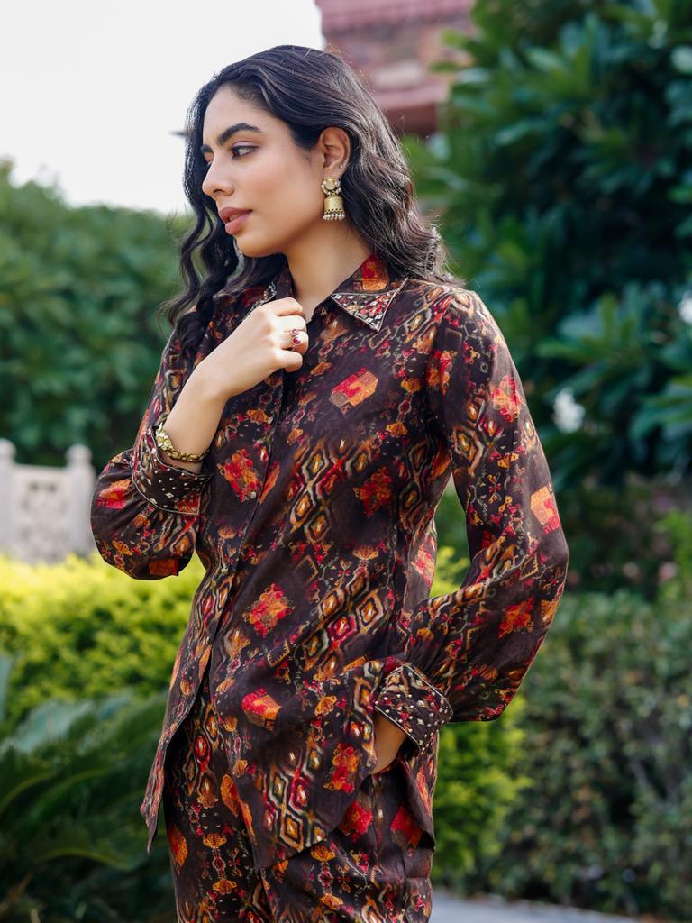 Brown Button-down Abstract Co-ord set