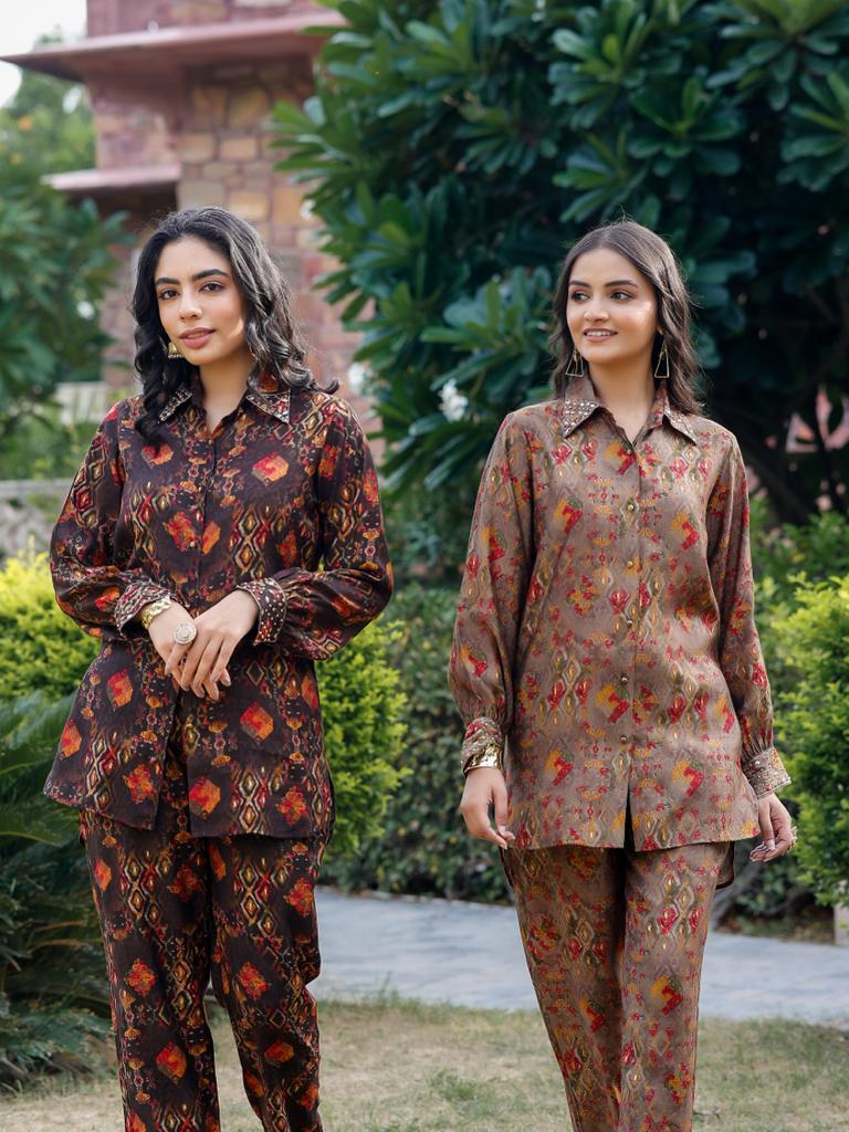 Brown Button-down Abstract Co-ord set