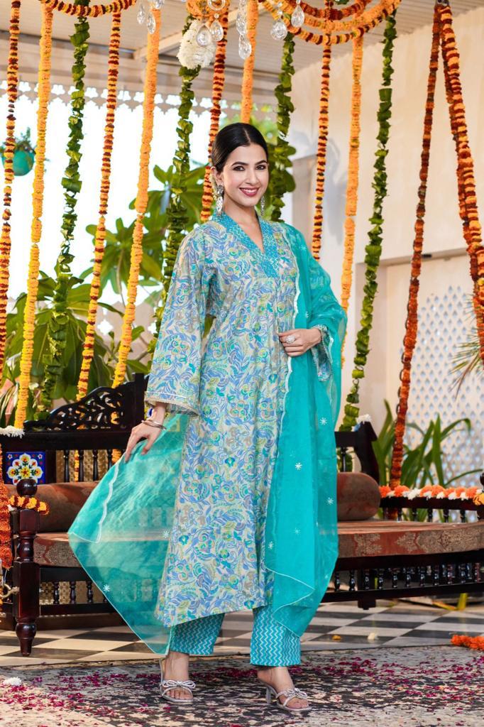 Aqua Blue Floral A-line Suit Set