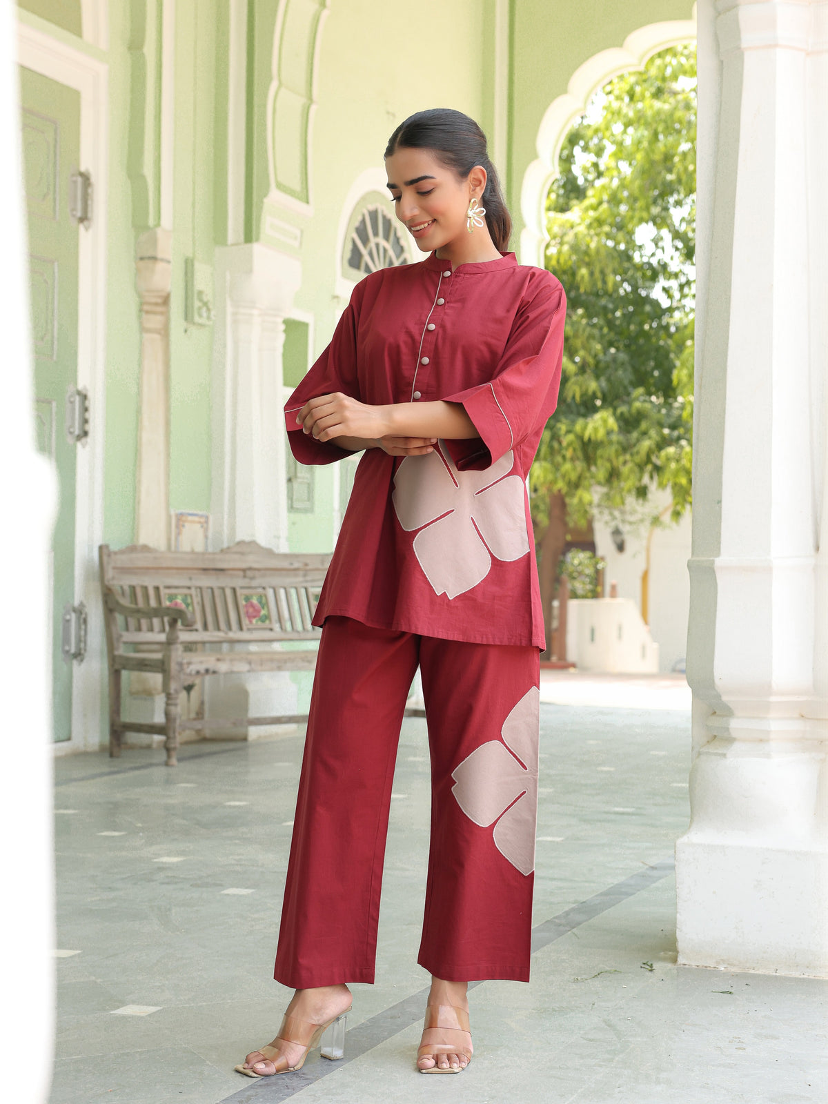 Poppy Maroon Colour-Block Applique Co-ord Set