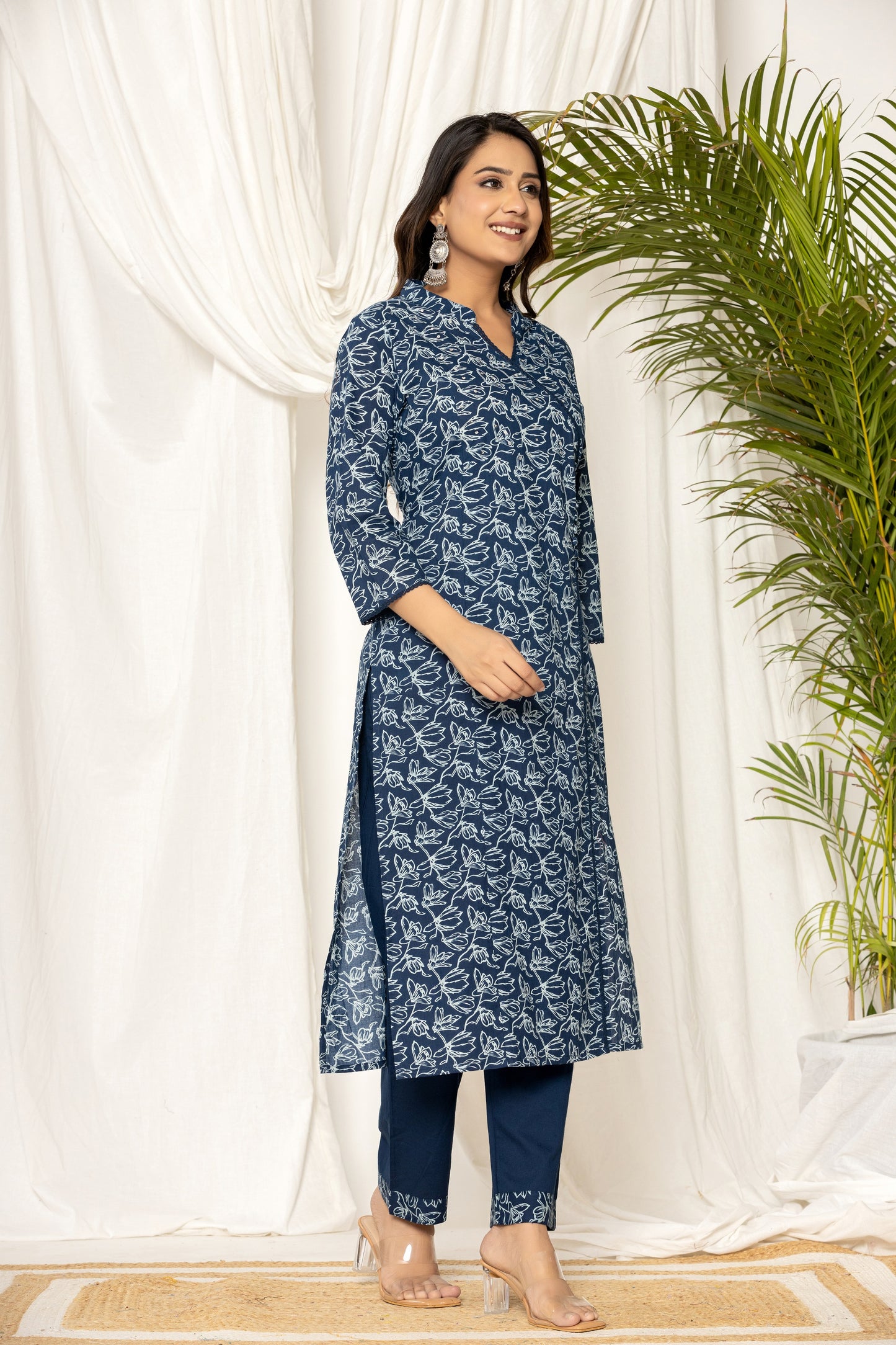 Indigo Floral Angrakha Kurta Set