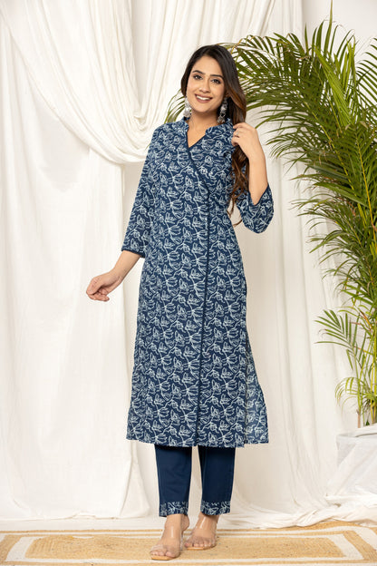 Indigo Floral Angrakha Kurta Set