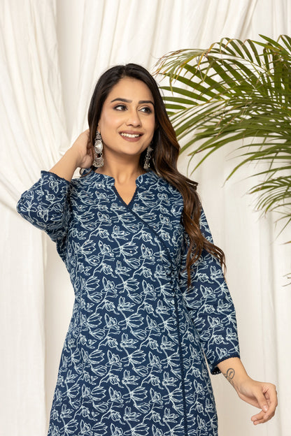 Indigo Floral Angrakha Kurta Set