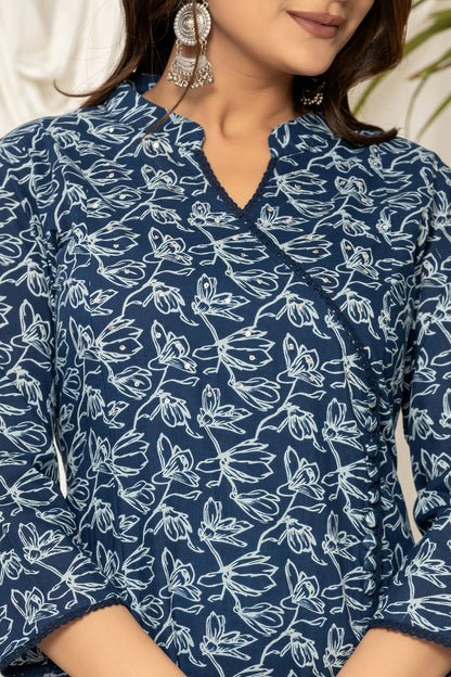 Indigo Floral Angrakha Kurta Set