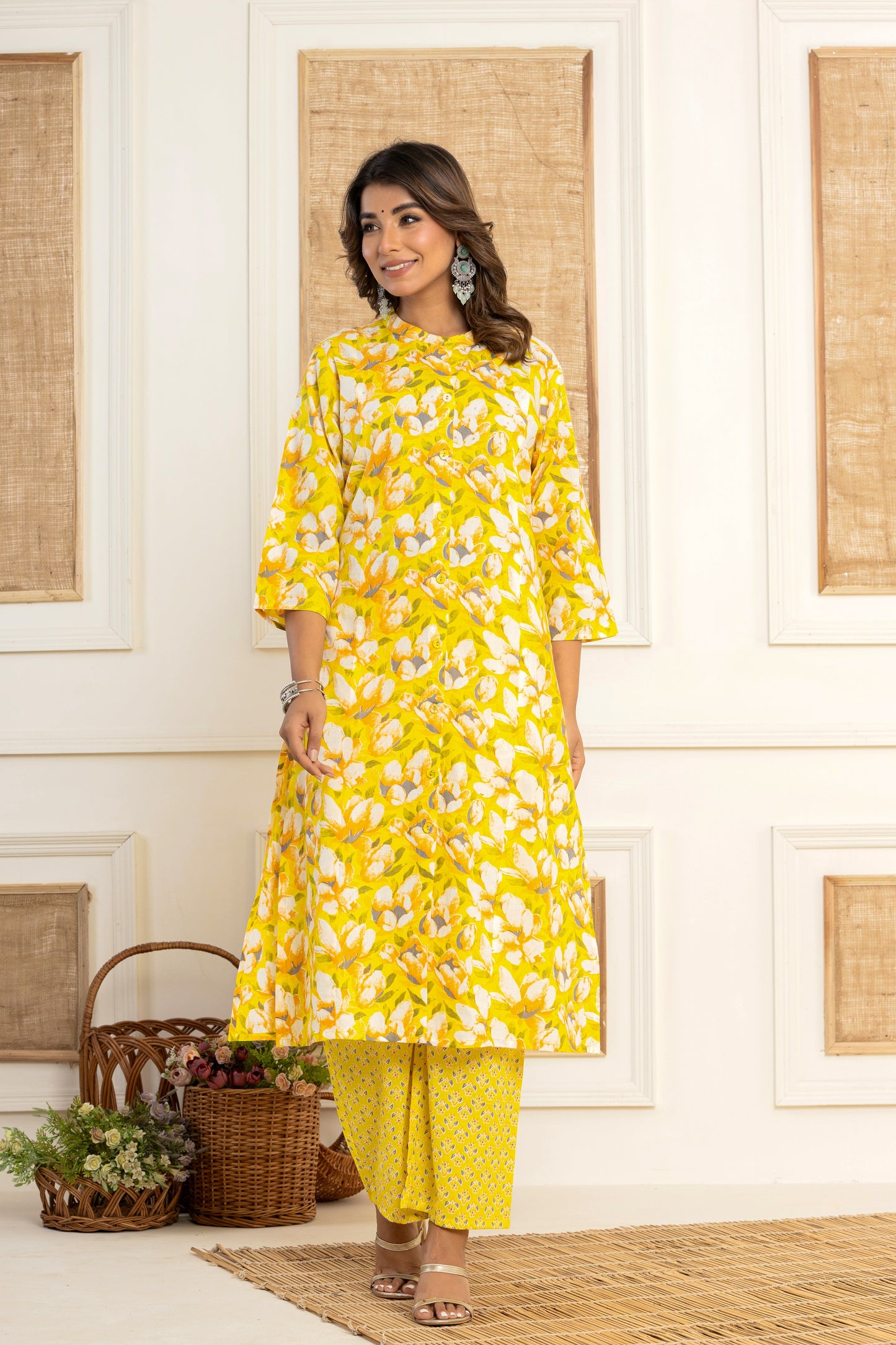 Yellow A-line Abstract Kurta Set