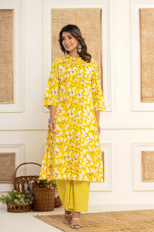 Yellow A-line Abstract Kurta Set