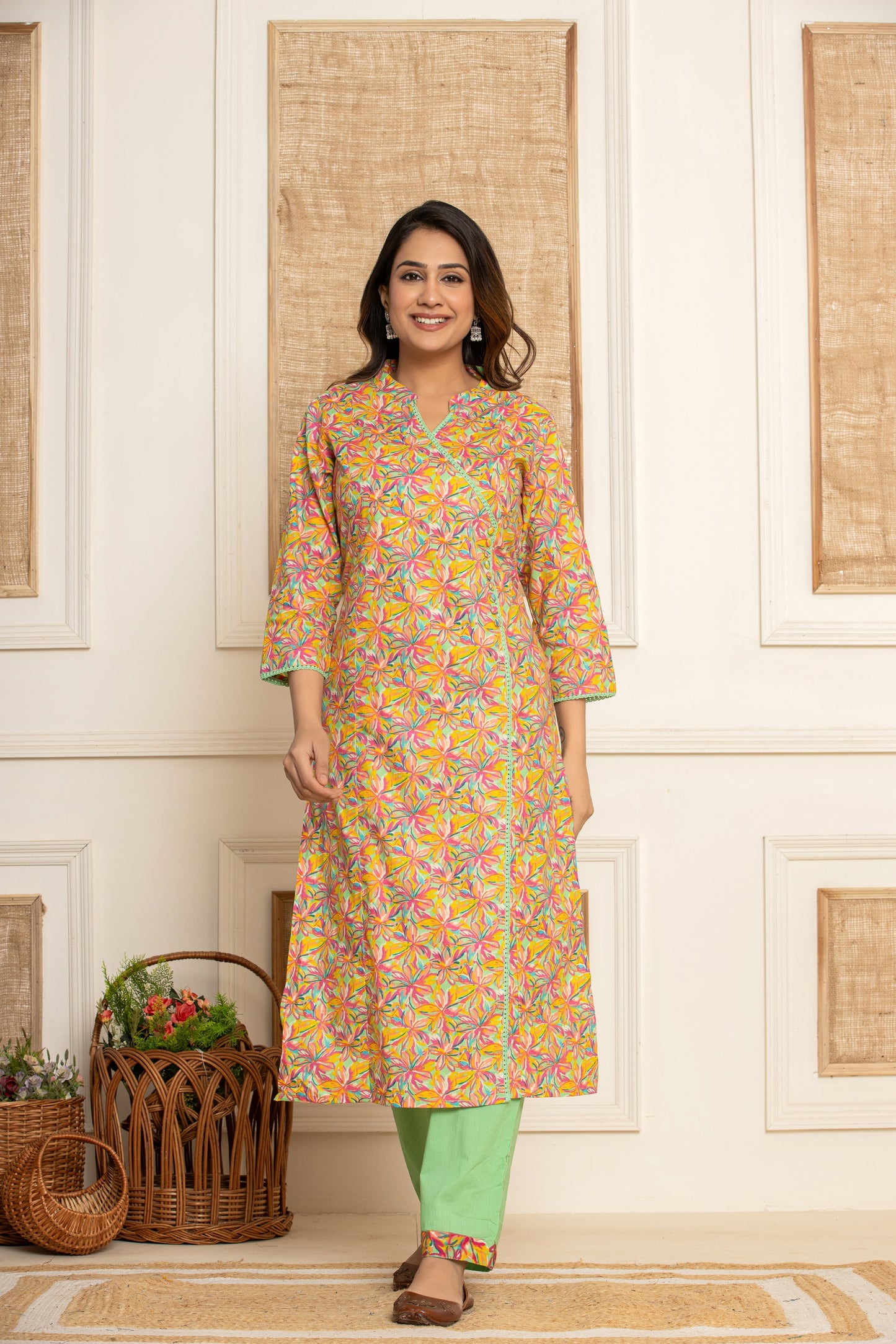 Multicoloured-Green Angrakha Kurta set