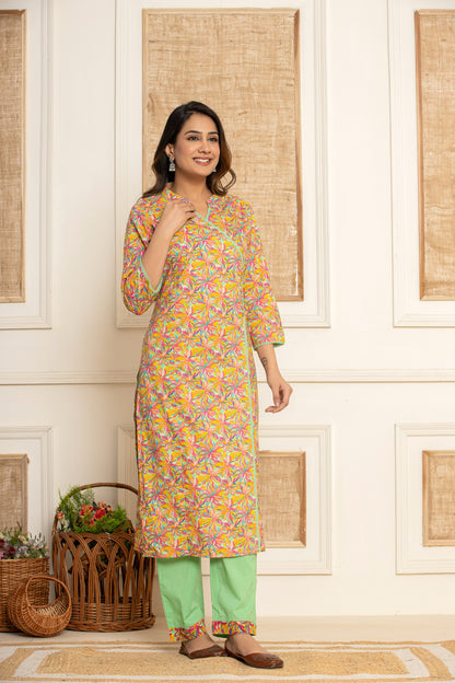Multicoloured-Green Angrakha Kurta set