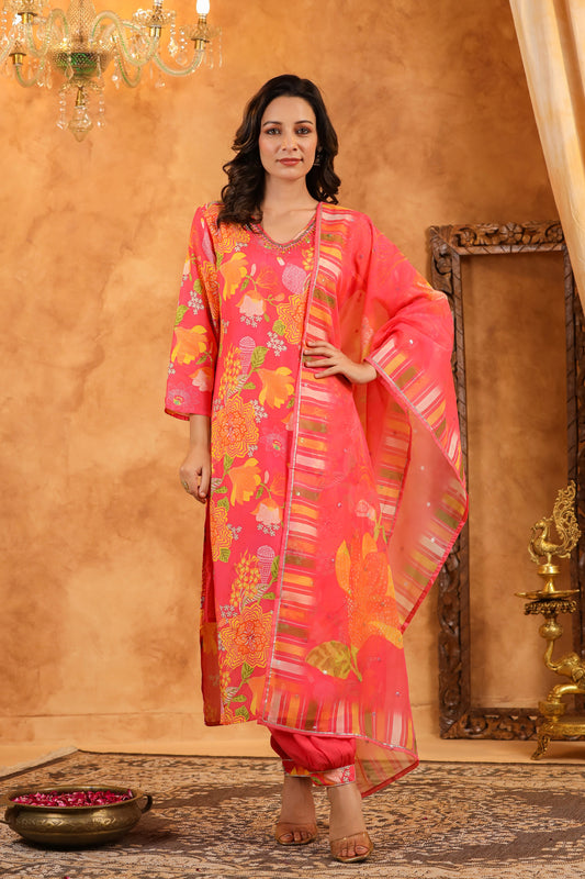 Salmon Pink Muslin Suit Set