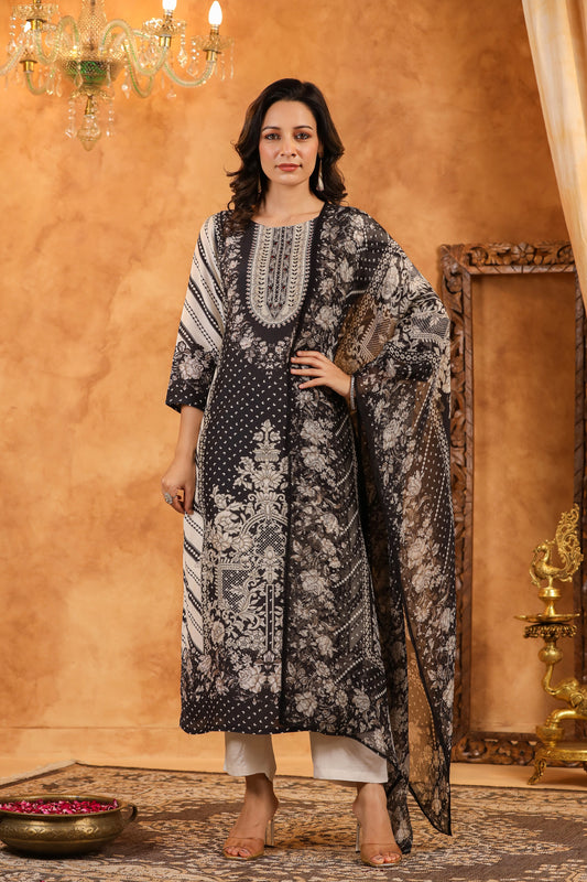 Black Mughal Muslin Suit Set