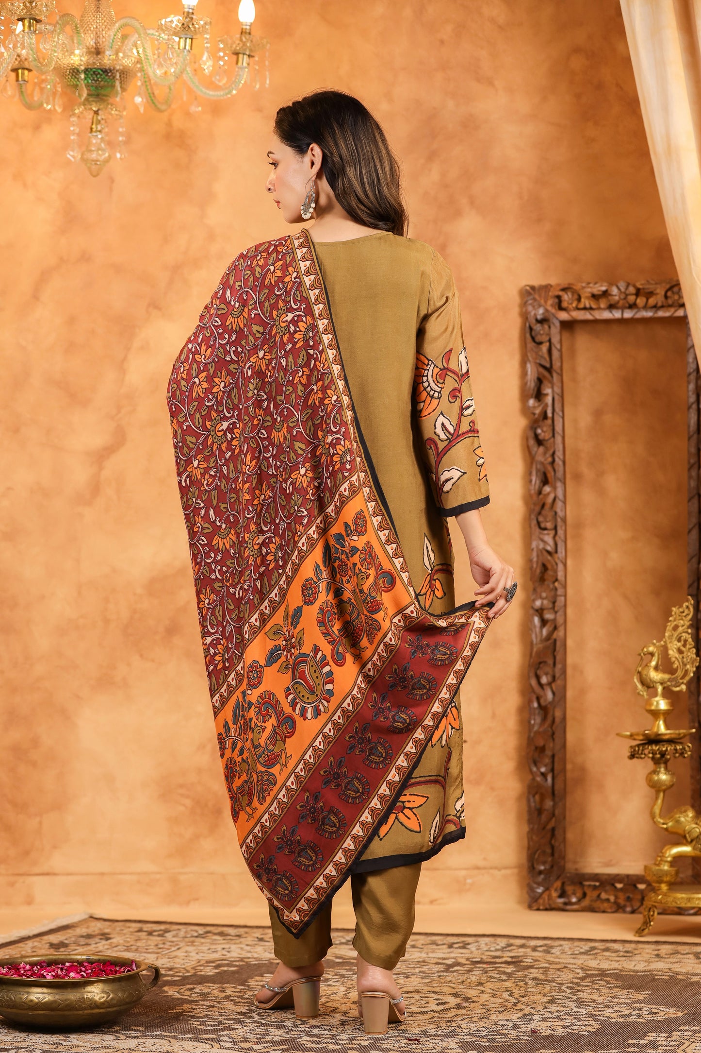 Brown Kalamkari Floral Muslin Suit Set