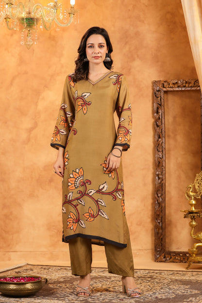Brown Kalamkari Floral Muslin Suit Set