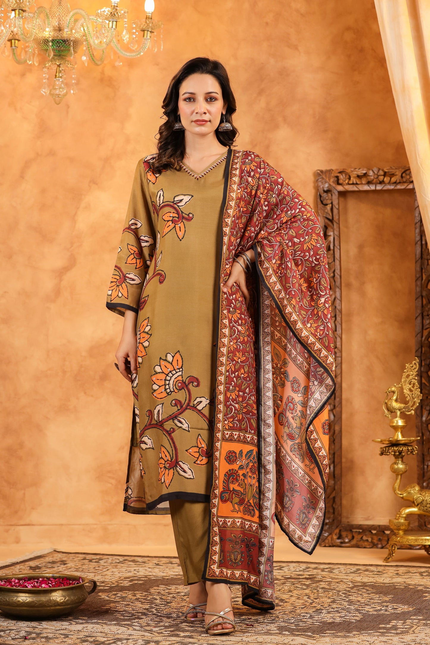 Brown Kalamkari Floral Muslin Suit Set