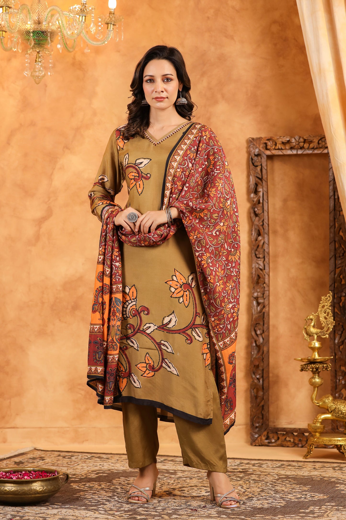 Brown Kalamkari Floral Muslin Suit Set