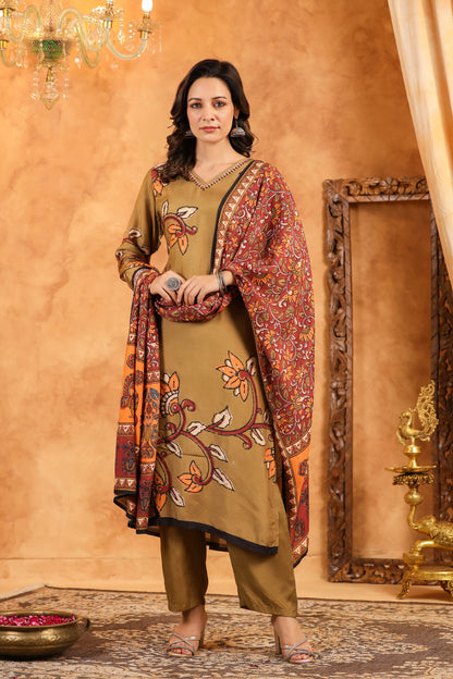 Brown Kalamkari Floral Muslin Suit Set