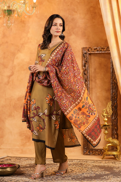 Brown Kalamkari Floral Muslin Suit Set