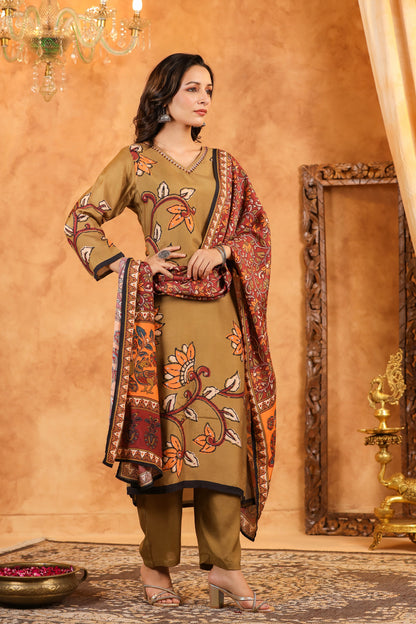 Brown Kalamkari Floral Muslin Suit Set