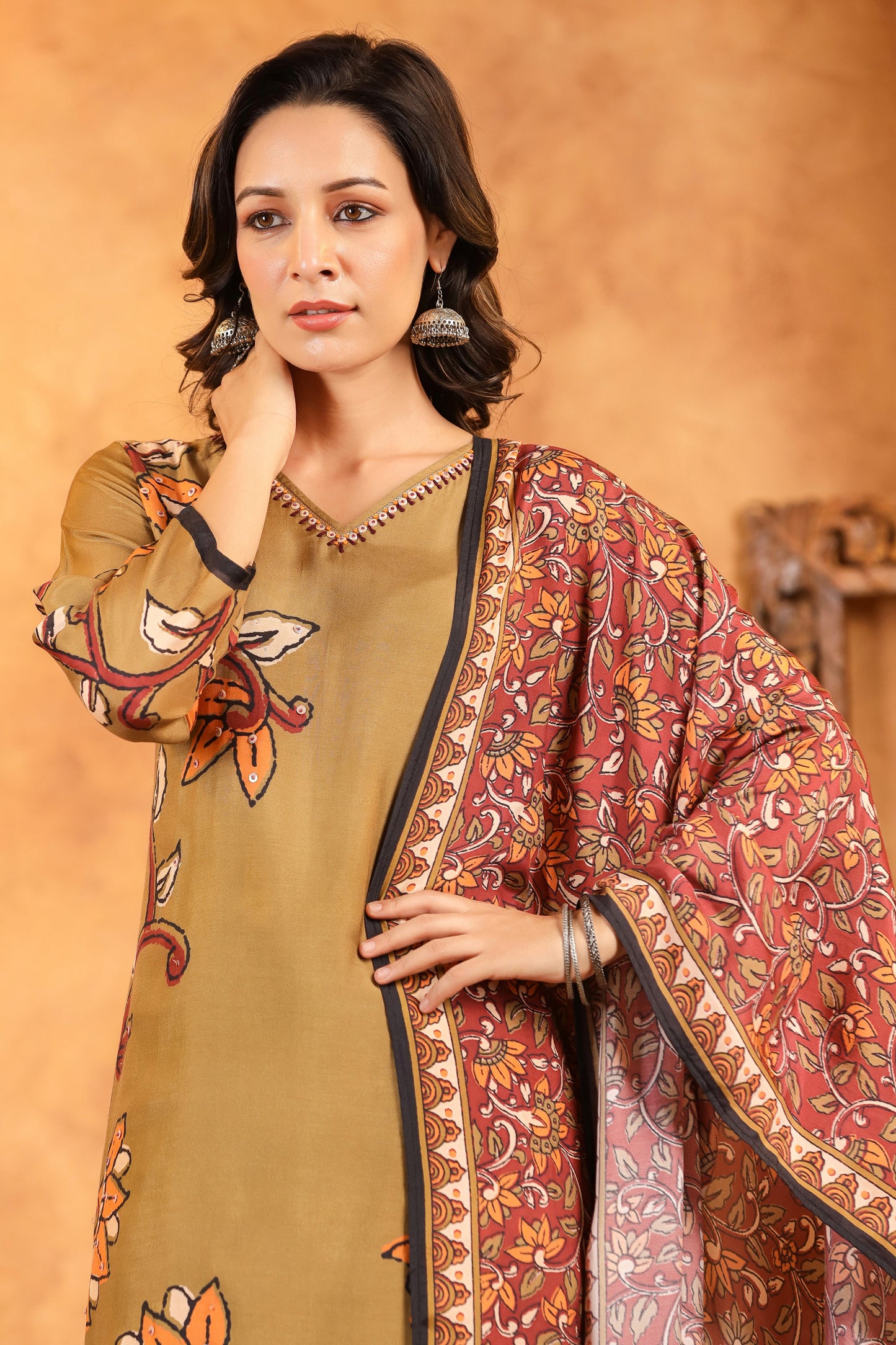 Brown Kalamkari Floral Muslin Suit Set