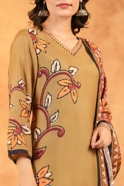 Brown Kalamkari Floral Muslin Suit Set