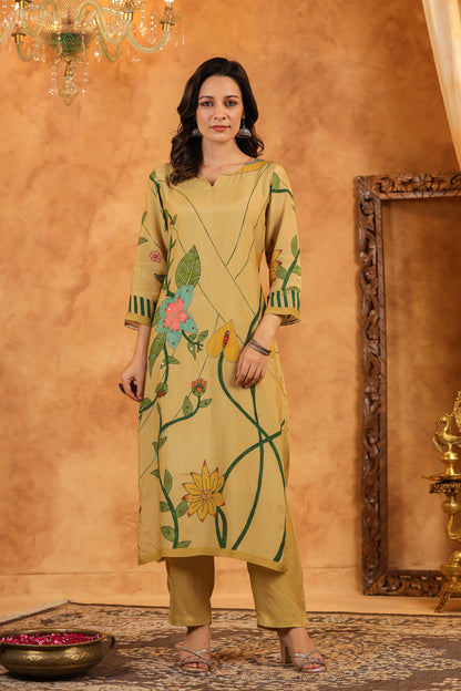 Beige Floral Muslin Suit Set